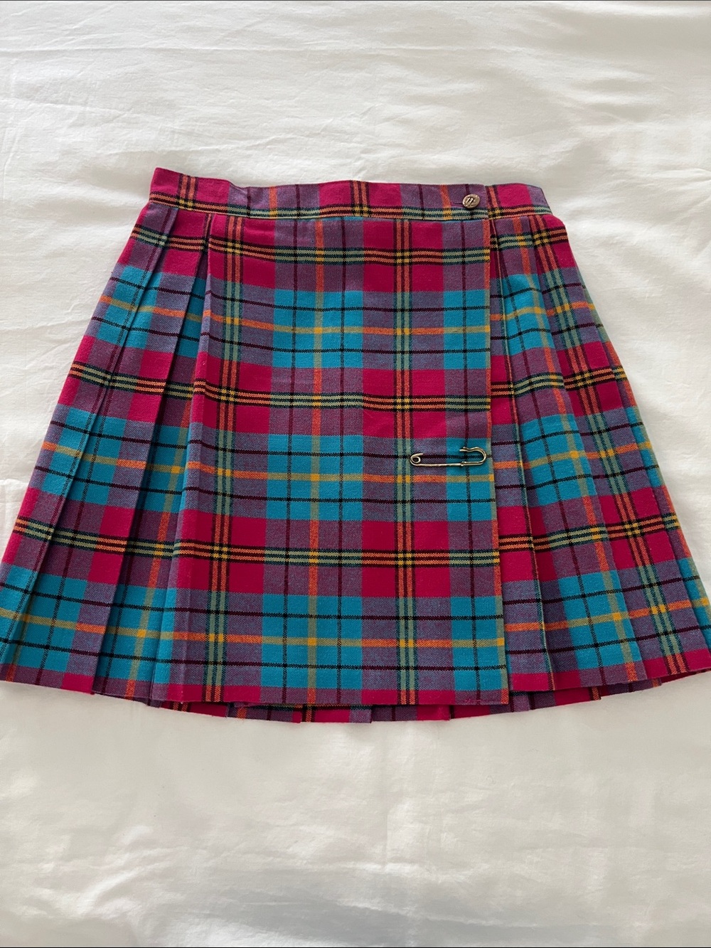 Vintage Plaid Pleated Mini Skirt in Fuchsia and Teal